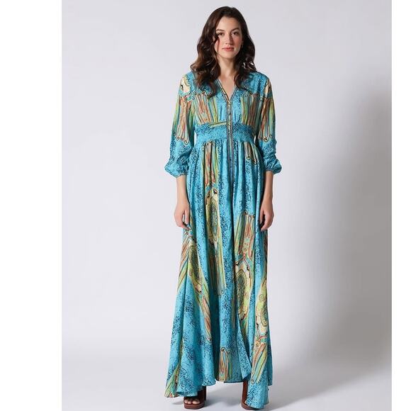 Gracia Maxi Dress Blue Green Smocked Waist Front Slit Boho Whimsical medium - Picture 2 of 16